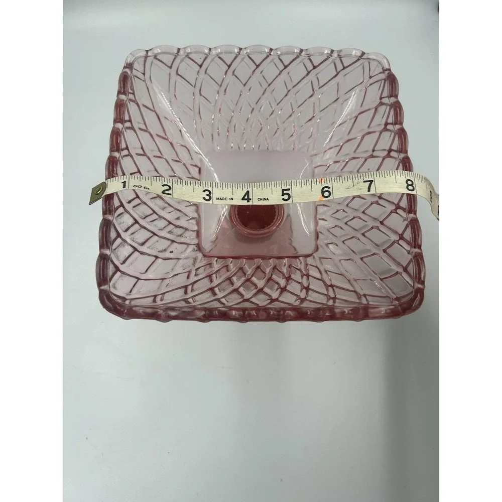 Pink Glass Square Pedestal Compote Dish, Diamond Pattern, 8 in x 8 in